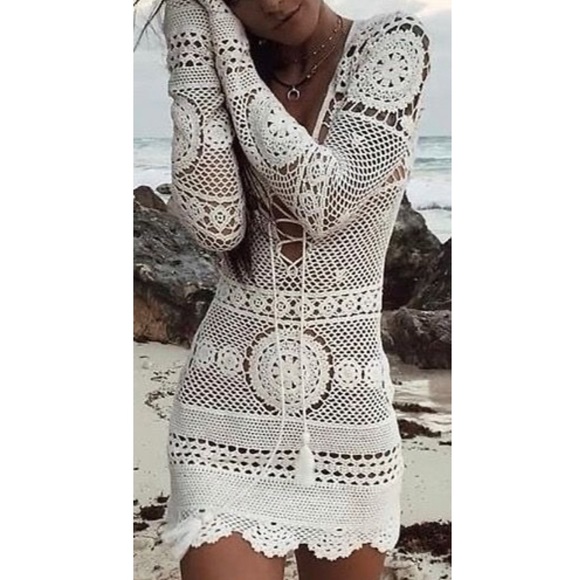Missguided | Crochet Lace Up Mini Dress Coverup - Picture 5 of 16